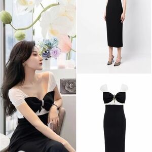 Self-Portrait Black and White Midi Dress with Bow